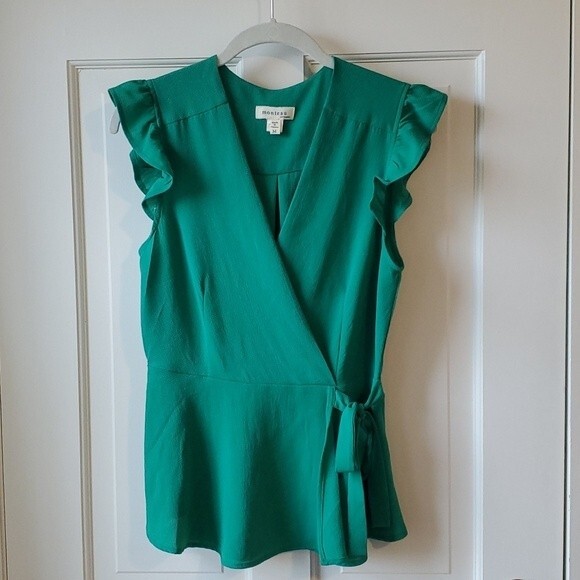 MONTEAU GREEN WRAP TOP SIZE MEDIUM FLUTTER SLEEVE FAUX WRAP HOLIDAY OFFICE - Picture 1 of 8